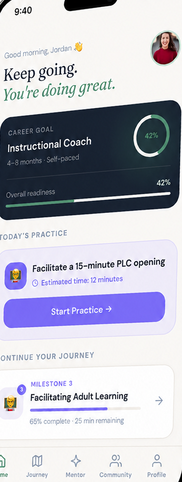 NextGround home screen showing a career goal, readiness progress, and today's practice